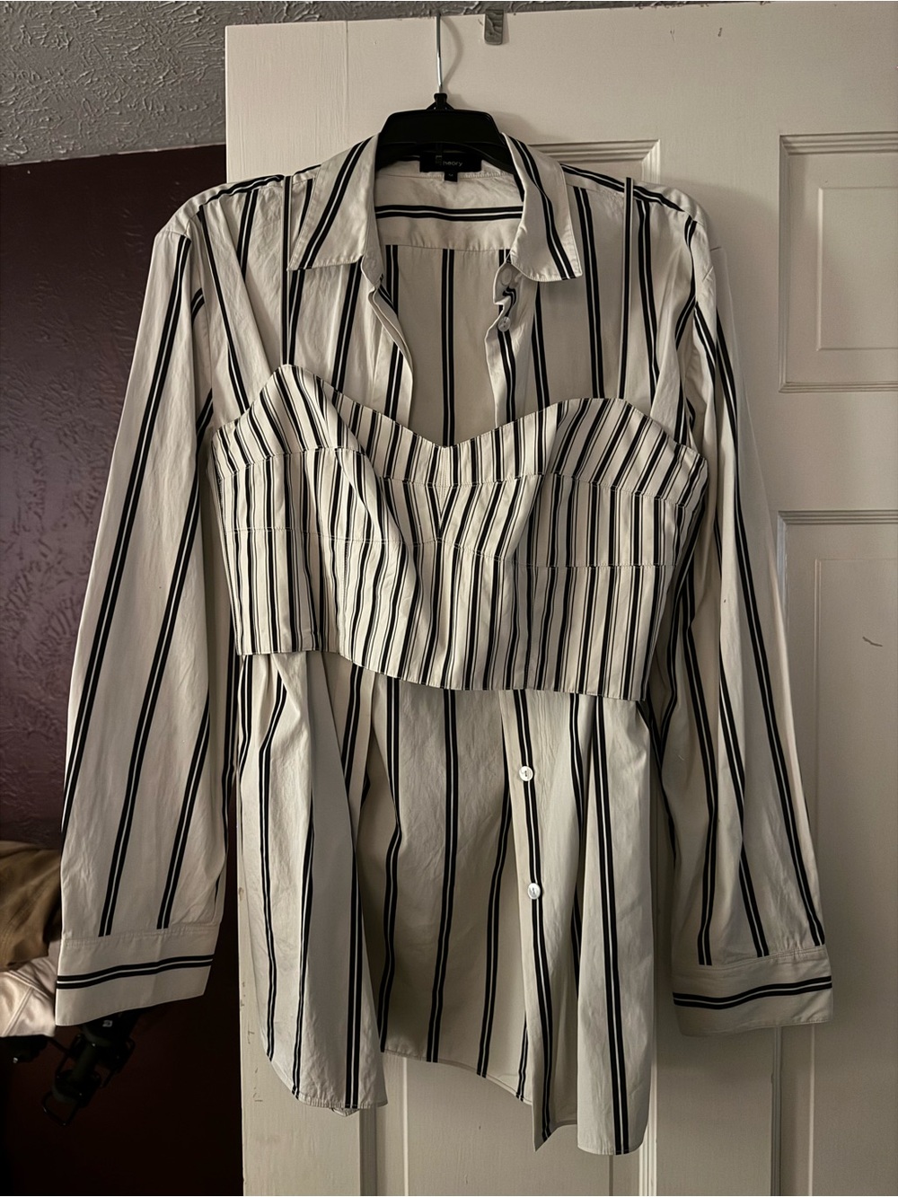 Theory Striped White and Black Layered Button-Up Top with Cropped Bustier